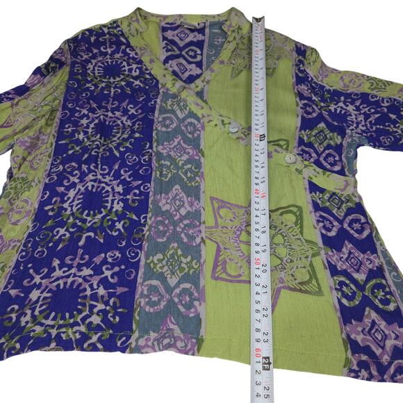 Globe Trotter Womens XL Snap Up Shirt Flowy Pirple Green Artsy Stars Colorful - Picture 8 of 13